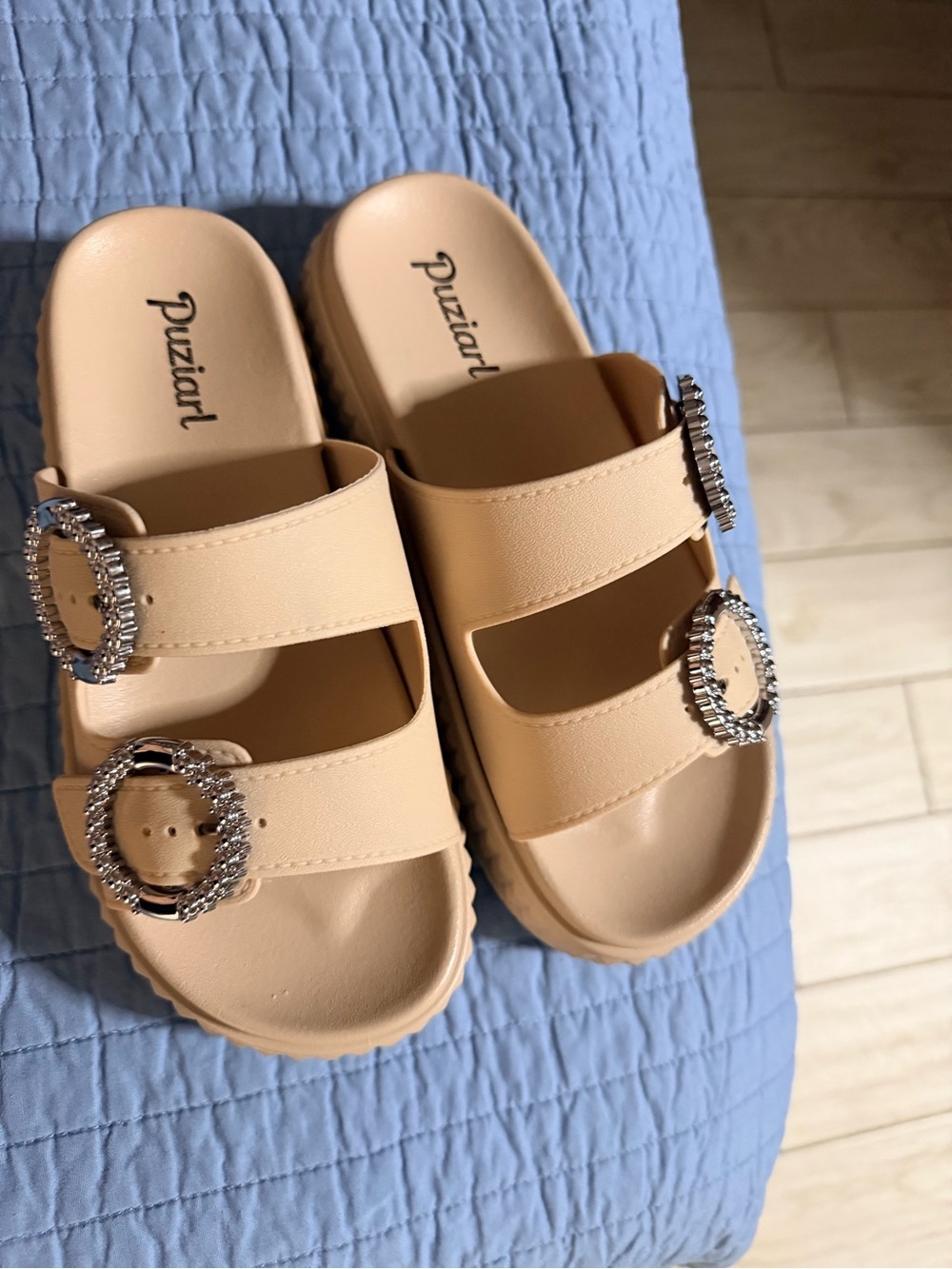 Women's Nude Slide Sandals with Rhinestone Buckles